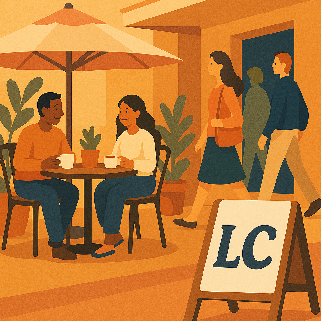 A calm café moment with people nearby and a simple sign.