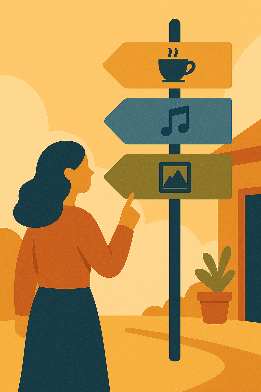 A person looking at a signpost that points toward coffee, music, and a view.